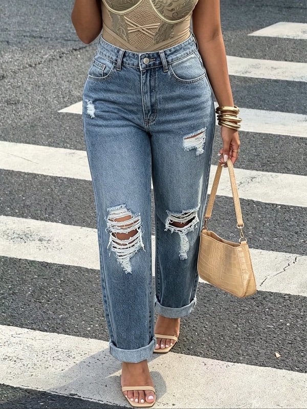Pantalon droit pour femme, style urbain américain, coupe ajustée, minimaliste et effet usé – Basique décontracté