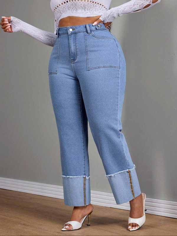 Jean skinny droit Slaydiva pour femme (grandes tailles) – Style cow-girl, denim bleu, bas à revers – Collection printemps