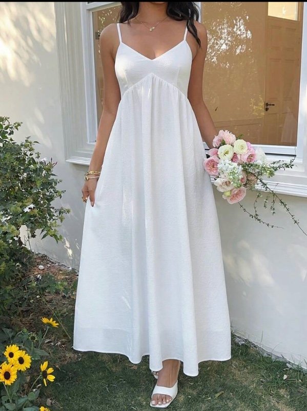 SHEIN EZwear New Summer Dress White Woven Casual Sleeveless Vacation Dress White Sun Dress White Dress Long White Dress White Sundress White Long Dress