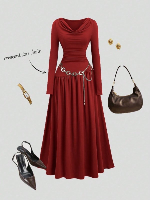 Robe Sweetra pour femme (automne/hiver) – Couleur café, manches longues, style simple et élégant, avec détail façon collier plongeant.
