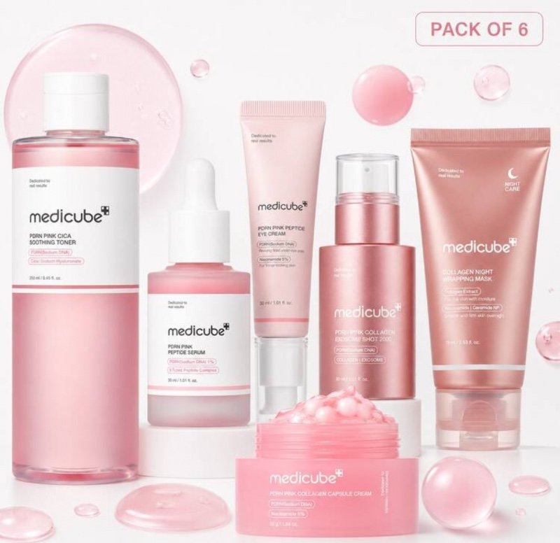Coffret complet de soins Medicube PDRN Pink Glow – Lotion tonique CICA, sérum Pink Peptide, Exosome Shot 2000, sérum contour des yeux au rétinol, crème aux capsules de collagène et masque enveloppant de nuit | Soins coréens hydratants et raffermissants
