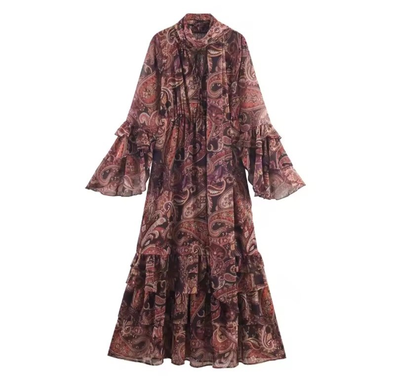 KEYANKETIAN 2026 printemps nouveau style ethnique imprimé col écharpe robe à volants à plusieurs niveaux manches évasées femmes une ligne en mousseline de soie robes MIDI