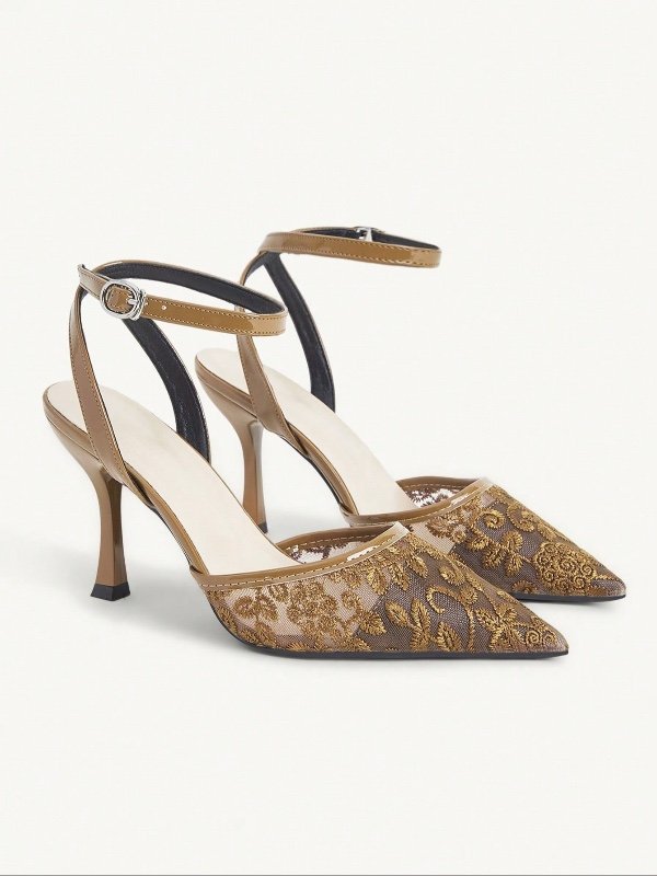 CUCCOO CHICEST – Chaussures d'été élégantes et luxueuses pour femme : escarpins à bout pointu et talons hauts, en résille marron brodée. Idéales pour le shopping, les soirées, le bureau ou les trajets quotidiens.